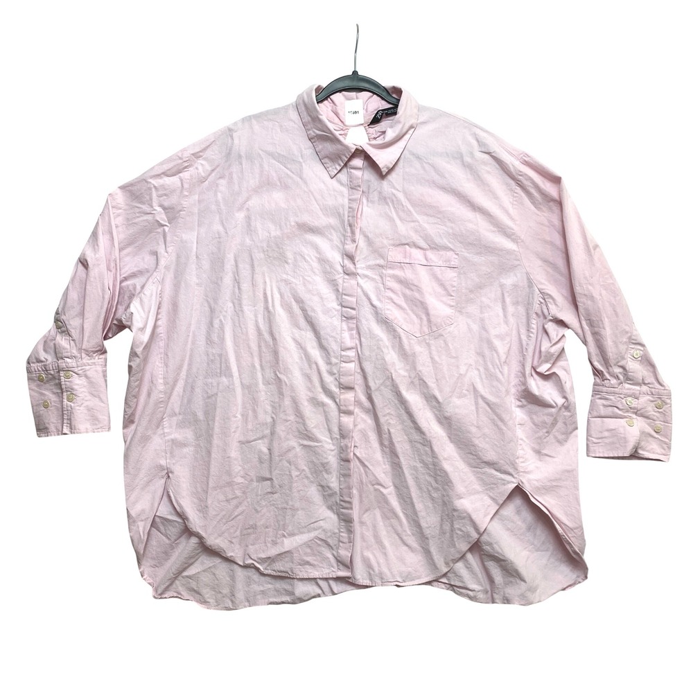 Zara Shirt Womens XXL Pink 3/4 Sleeve Oversized Poplin Button Down Cotton